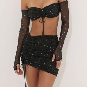 Jodie Mesh Rhinestone Two Piece Skirt Set in Black lucy in the sky